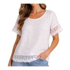 Lungo L'Arno Top Womens S White Linen Blouse Lace Crochet Cottage Beach Italy